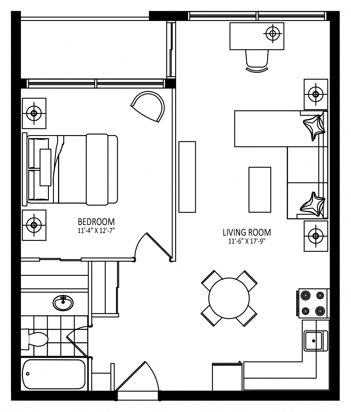 Floor plan for 1 bed, 1 bath, 625 sqft